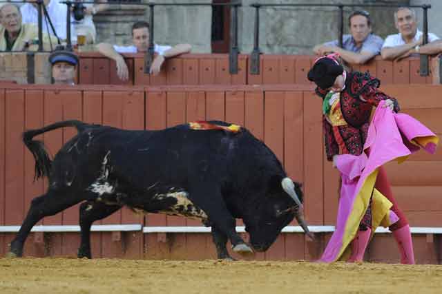 Conchi Ríos con el tercero. (FOTO: Sevilla Taurina)