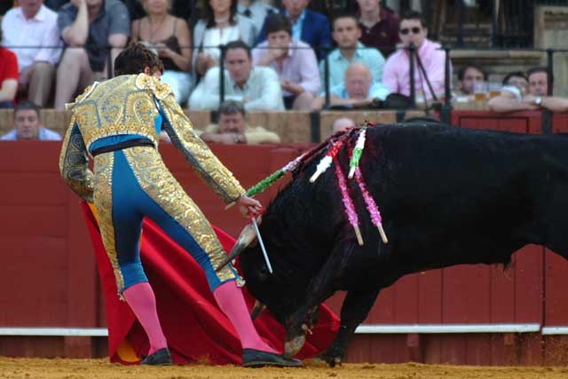 El sevillano Manuel Fernández fue volteado por esl segundo de la tarde. (FOTO: Matito)