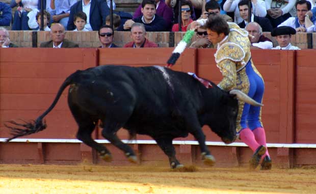 Par 'al violín' de Paco Chaves al primer novillo. (FOTO: Javier Martínez)