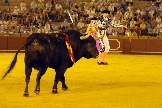 Cuando arranca la carrera Mariscal, el astado se distrae hacia la barrera. (FOTO: Sevilla Taurina)