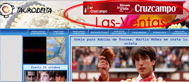 Portada del portal las-ventas.com, con el patrocinio en exclusiva de Cruzcampo.