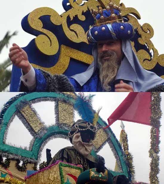 Arriba, Pepín Liria como rey Melchor en Triana. Abajo, el novillero sevillano Daniel Muñoz como rey Baltasar en la del barrio de Puerto-Heliópolis. (FOTOS: Arte Sacro y Sevilla Taurina)