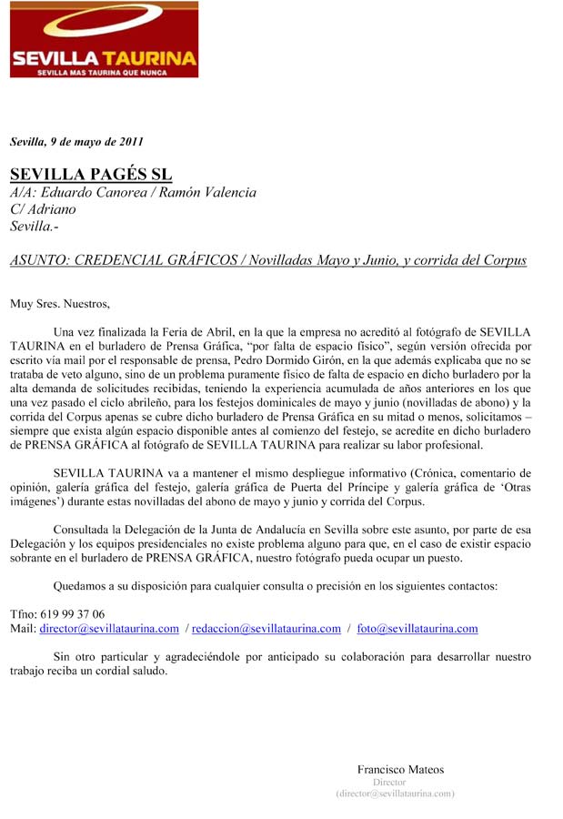 Petición realizada a la empresa de la Real Maestranza para las novilladas de mayo y junio, y el Corpus.