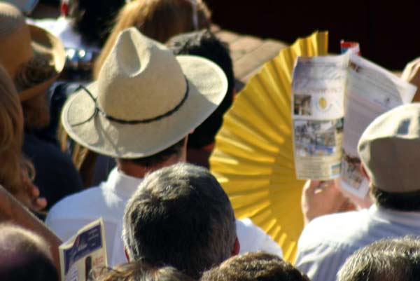 ¿No había otro calor? Mira que un abanico amarillo para los toros,... y de Miura además... (FOTO: Javier Martínez)