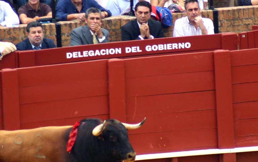 El delegado de la Junta de Andalucía, Javier Fernández, con chaqueta oscura, vio bien cerca el 'trapío' de los toros lidados.