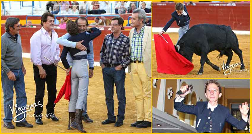 Calerito brindando la faena del pasado lunes en Benidorm a los maestros Dámaso González, El Soro, Luis Francisco Esplá -con el que se abraza-, Antonio Mondéjar y Ortega Cano. (FOTOS: Vigueras)