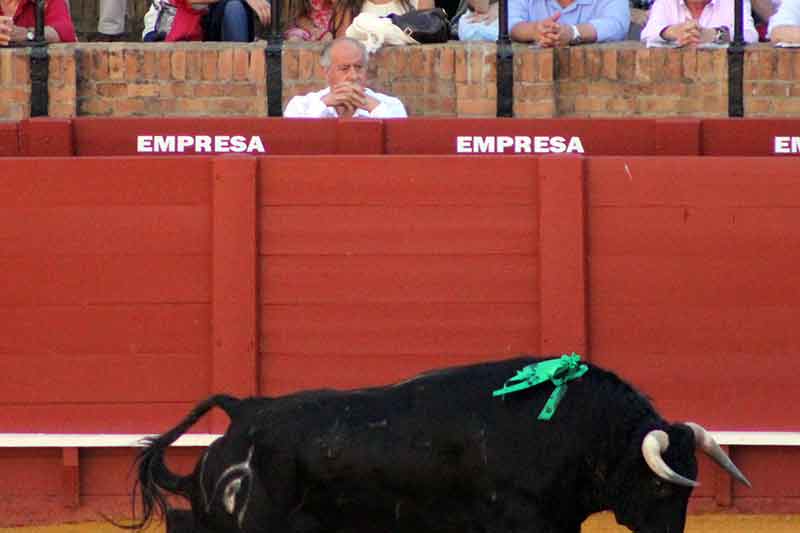 Durante el primer novillo, Ramón Valencia estuvo solo en el burladero de la empresa.