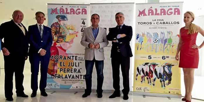 El empresario sevillano Pepe Cutiño, en el centro, durante la presentación del espectacular cartel para Málaga, con Morante.
