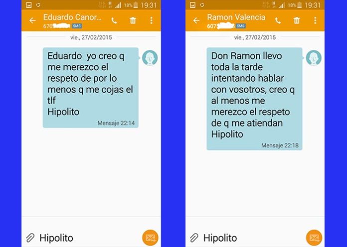 Los dos últimos mensajes enviados el pasado viernes por Hipólito (apoderado de Miguel Ángel Delgado) a los móviles de Eduardo Canorea y Ramón Valencia, también sin respuesta.
