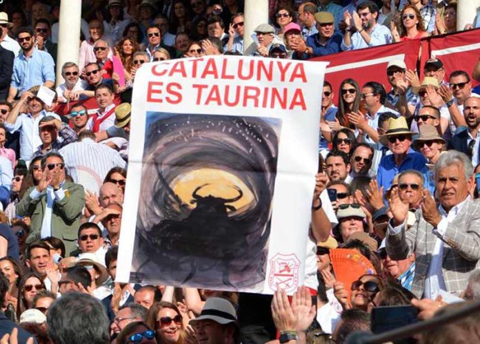 Cartel en apoyo a los toros en Cataluña el pasado Domingo de Resurrección en la Maestranza. (FOTO: Eduardo Porcuna)