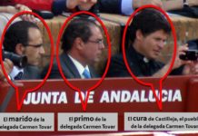 SEVILLA TAURINA ofrecerá la próxima semana más pruebas del caso ‘Castilleja connection’ El marido de la delegada de la Junta, Carmen Tovar, el primo y hasta el cura de su pueblo de Castilleja, gratis a los toros en el burladero oficial de la Junta de Andalucía. (FOTO: Javier Martínez)