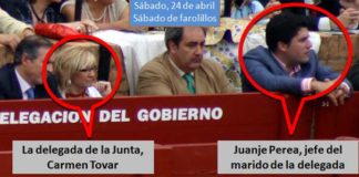 Juanje Perea, jefe del marido de la delegada Carme Tovar, en el burladero oficial de la Junta, muy cerca de la propia Carmen Tovar. (FOTO: Javier Martínez)