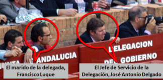 El marido de la delegada Carmen Tovar y el Jefe del Servicio de la Delegación, José Antonio Delgado, 'juntos' en el burladero oficial de la Junta en la pasada Feria de Abril. (FOTO: Javier Martínez)