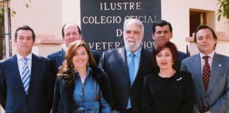 El presidente de los veterinarios sevillanos, Ignacio Oroquieta, en el centro junto a su Junta de Gobierno, ha rechazado valorar la actuación de la delegada Carmen Tovar.