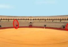 Los tendidos de sol de la Maestranza tendrán que reformarse el próximo año Marcados en una elipse roja las dos únicas escaleras para todos los tendidos de sol (casi la mitad de la plaza)