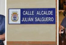 Carmen Tovar y Julián Salguero, en fotos anteriores a la etapa de delegada de la Junta. En el centro, la calle que la delegada Carmen Tovar le dedicó a Julián Salguero cuando era alcaldesa de Castilleja. Después, al ser nombrada delegada, lo nombró de inmediato presidente de la Maestranza, sin que antes hubiera presidido en otras plazas de menor responsabilidad. (FOTOS: Ayuntamiento de Castilleja y Paco Díaz)