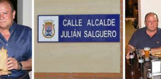 Carmen Tovar y Julián Salguero, en fotos anteriores a la etapa de delegada de la Junta. En el centro, la calle que la delegada Carmen Tovar le dedicó a Julián Salguero cuando era alcaldesa de Castilleja. Después, al ser nombrada delegada, lo nombró de inmediato presidente de la Maestranza, sin que antes hubiera presidido en otras plazas de menor responsabilidad. (FOTOS: Ayuntamiento de Castilleja y Paco Díaz)
