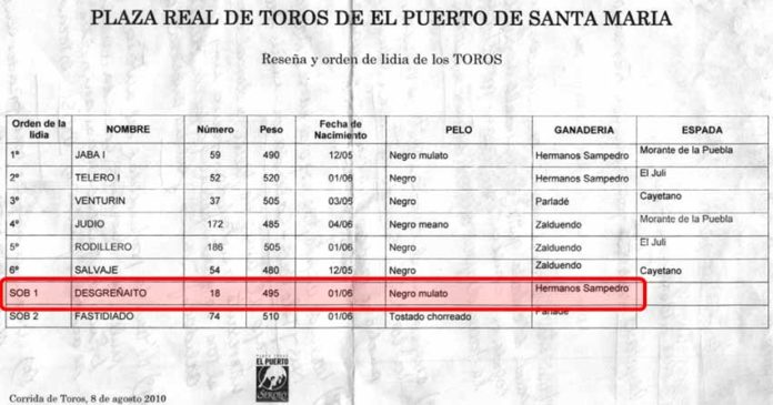 Acta del sorteo de El Puerto para la corrida del 8 de agosto; el primer sobrero se lidiaría mes y medio después en la Maestranza en tercer lugar. En El Puerto pesó, según el acta, 495 kilos; en Sevilla 50 kilos más. (CLICK PARA AMPLIAR)