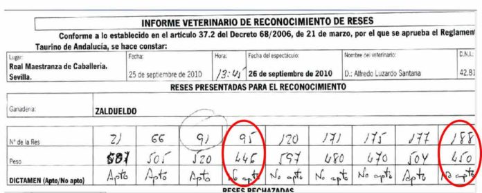 Acta veterinaria, con los pesos de los toros presentados por Zalduendo.