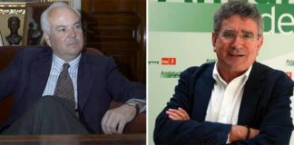 El teniente de hermano mayor de la Real Maestranza, Alfonso Guajardo-Fajardo, y el consejero de Gobernación de la Junta de Andalucía, Luis Pizarro.