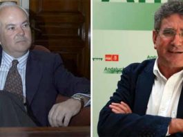 El teniente de hermano mayor de la Maestranza, Alfonso Guajardo Fajardo, y el consejero de Gobernación de la Junta de Andalucía, Luis Pizarro.