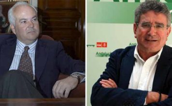 El teniente de hermano mayor de la Maestranza, Alfonso Guajardo Fajardo, y el consejero de Gobernación de la Junta de Andalucía, Luis Pizarro.