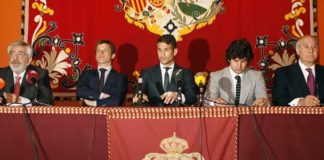 Eduardo Canorea, El Juli, Manzanares, Morante y Ramón valencia, durante la presentación. (FOTO: Arjona/Toromedia)