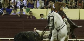 El jinete sevillano en su actuación hoy en Lisboa.