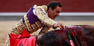El Cid, entrando a matar esta tarde en Madrid. (FOTO: Juan Pelegrín/las-ventas.com)