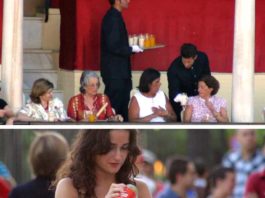 Arriba, camareros privados sirviendo bebidas a los maestrantes en vasos de cristal. Abajo, la seguridad de la plaza obliga a una joven a volcar el contenido de las latas a botellas de plástico y sin tapón para poder acceder a la plaza. (FOTOS: Javier Martínez)