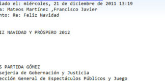 La breve felicitación, vía mail, del director general de Espectáculos. (CLICK PARA AMPLIAR)