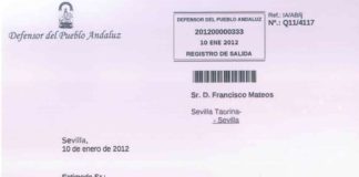 Escrito del Defensor del Pueblo Andaluz, José Chamizo, a SEVILLA TAURINA comunicando que, ante la ausencia de respuesta del consejero Francisco Menacho, vuelve a exigirle por segunda vez una respuesta a su Resolución favorable a SEVILLA TAURINA. (CLICK PARA AMPLIAR)