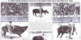 Doble página gráfica de la prensa de la época sobre la histórica faena de Belmonte a 'Barbero'.