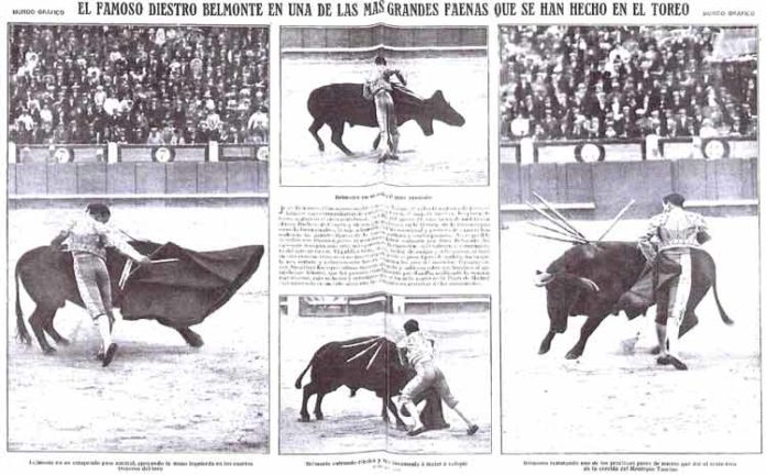 Doble página gráfica de la prensa de la época sobre la histórica faena de Belmonte a 'Barbero'.