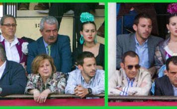 A la izquierda, en segunda fila de balconcillo, Luis Partida -en el centro- acompañado de su mujer y su hija en el 'Palco de Convite', con pases de la Junta. A la derecha, en foto de otro día, en primera fila con gafas de sol, Francisco Luque, marido de la delegada Carmen Tovar, y tras él, de nuevo la hija de Luis Partida con un acompañante. (FOTO: Paco Díaz/toroimagen.com)