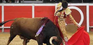 Muletazo de Esaú Fernández esta tarde en La Coruña. (FOTO: mundotoro.com)