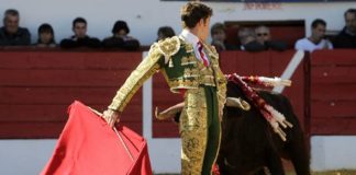 Manuel Escribano en un pase cambiado por la espalda hoy en Aignan. (FOTO: Roland Costedoat/mundotoro.com)