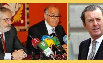 Los empresarios Eduardo Canorea y Ramón Valencia, y el teniente de hermano Mayor, Javier Benjumea, máximos responsables de la imagen de la plaza.