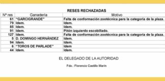 Acta oficial del equipo gubernativo, con hasta nueve toros rechazados. (CLICK SOBRE LA IMAGEN PARA AMPLIAR)