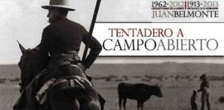 Cartel anunciador, con la figura de Juan Belmonte en un tentadero a campo abierto.