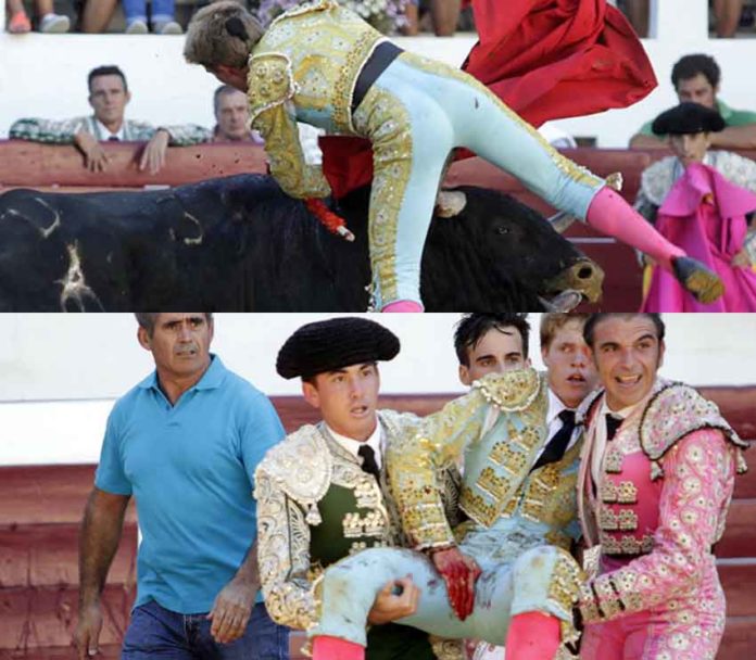 Momento de la cornada de Borja Jiménez esta tarde en la plaza francesa de Soustons. (FOTO: Roland Costedoat/mundotoro,com)