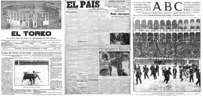 Portadas de diarios de la época. En la portada de 'ABC' se observa cómo el público irrumpe en el ruedo durante la lidia en la escandalosa corrida de Juan Belmonte.