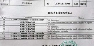 Detalle del acta del reconocimiento con los nueve toros rechazados y sus motivos.