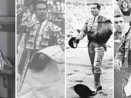 Pepe Luis, Curro Romero, Antonio Bienvenida y El Cordobés, toreros que hicieron paseíllo en 15 de agosto. (FOTO: ABC-Sevilla)