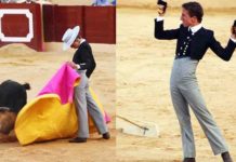 El sevillano Calerito manejando el capote esta tarde en Osuna y con las dos orejas de su astado. (FOTOS: Sevilla Taurina)