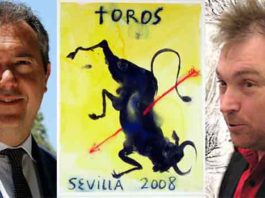 El alcalde Juan Espadas, el polémico cartel y su autor, Miquel Barceló.