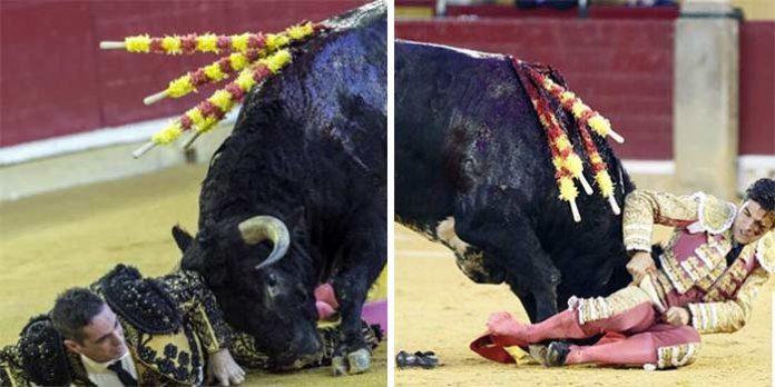 A la izquierda, Azuquita cogido por el cuarto en banderillas. A la derecha, el mismo novillo voltea a Pablo Aguado.