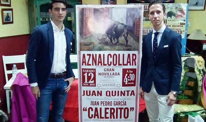 El rejoneador Juan Quinta y el novillero Calerito durante la presentación del cartel de Aznalcóllar.