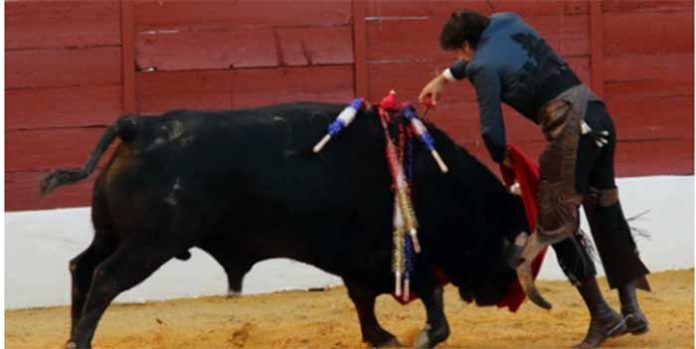 Estocada de Diego Ventura a su segundo toro en la corrida de rejones de ayer domingo en Zafra. (FOTO: Gallardo / Badajoz Taurina)