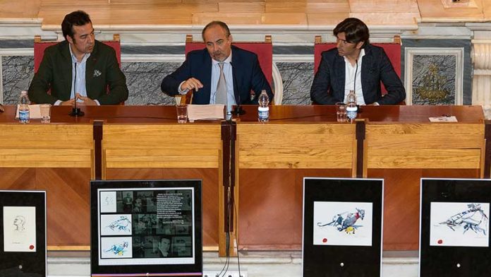 Los sevillanos José León, Juan Belmonte y Diego Ventura, en el coloquio de Jaén. (FOTO: Francis Sánchez)